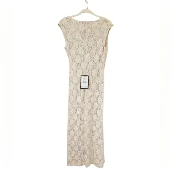 Long Lace Dress with Sequins Ivory Cream Beige Stretch Side Split - Picture 5 of 8